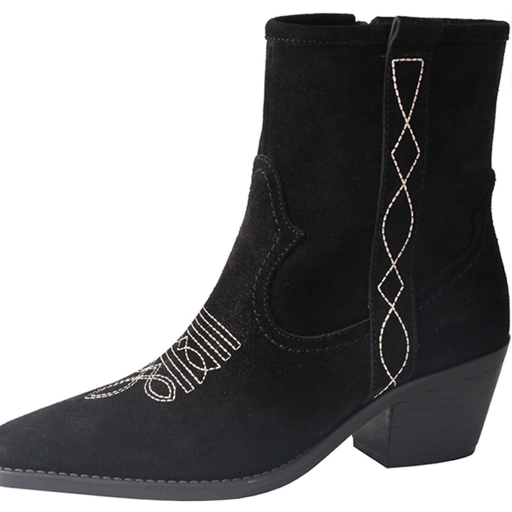 BRAND NEW TMA EYES Cowboy Chunky Heel Retro Embroidered Suede Mid-Calf Boots 7.5